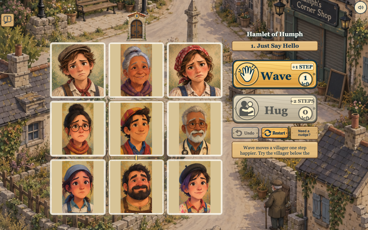 Actual Grumbles & Good Turns gameplay, showing villagers, the Gate, Wave and Hug controls.