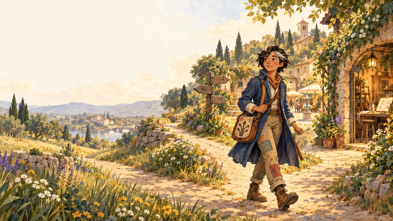 Marlow follows a sunlit path toward a village, with a map and satchel.