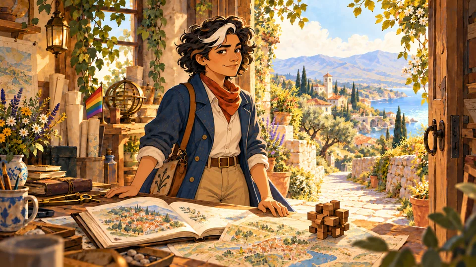Marlow stands behind a workshop table with an open fieldbook, maps and a wooden puzzle; a small Pride flag sits beside rolled maps in the background.