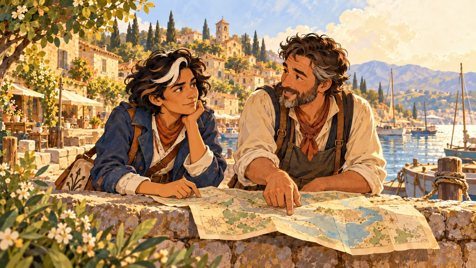 Marlow and a neighbour study an unfolded map together at a harbour wall, with the town rising behind them.