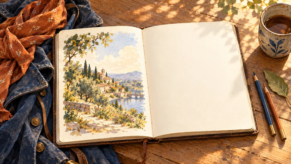 An open fieldbook with a plain cream page lies beside an indigo coat, a rust scarf, pencils and a small village sketch.