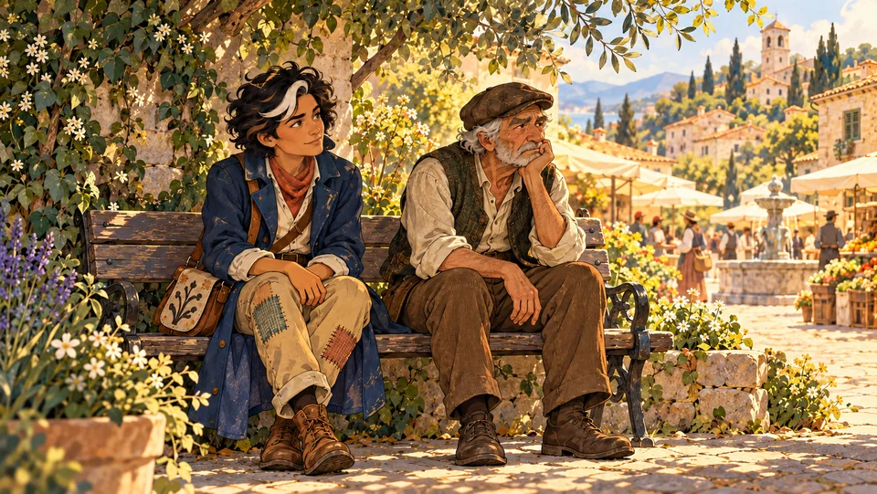 Marlow sits beside a tired neighbour on a shaded bench at the edge of a lively village square, with space between them.