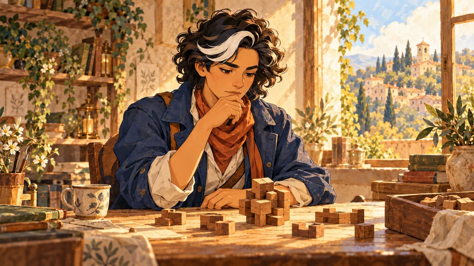 Marlow leans thoughtfully over wooden puzzle pieces at a clear table, with afternoon light from the workshop window.