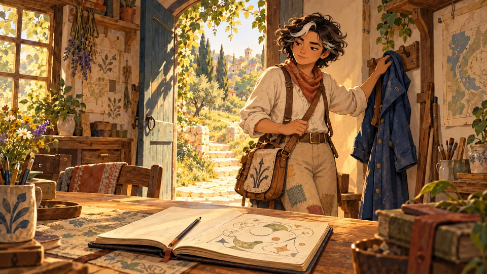 Marlow hangs their coat by the workshop door, with an open puzzle fieldbook waiting on the table in the afternoon light.