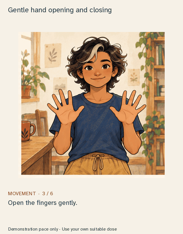 Illustrated Marlow showing open hands, loose fists and relaxed fingers in a warm room.