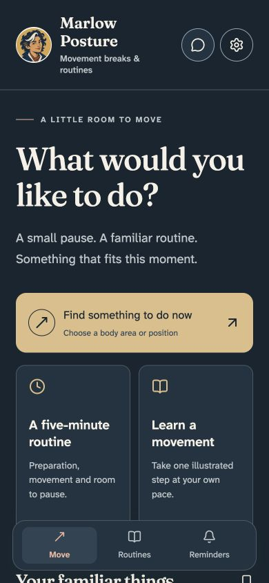 Marlow Posture home screen with Find something to do now, a five-minute routine and Learn a movement choices.