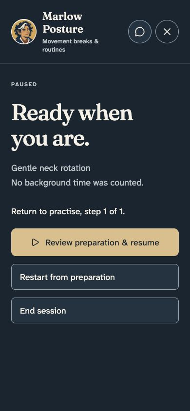 Paused session says Ready when you are and offers Review preparation and resume, restart or end session.