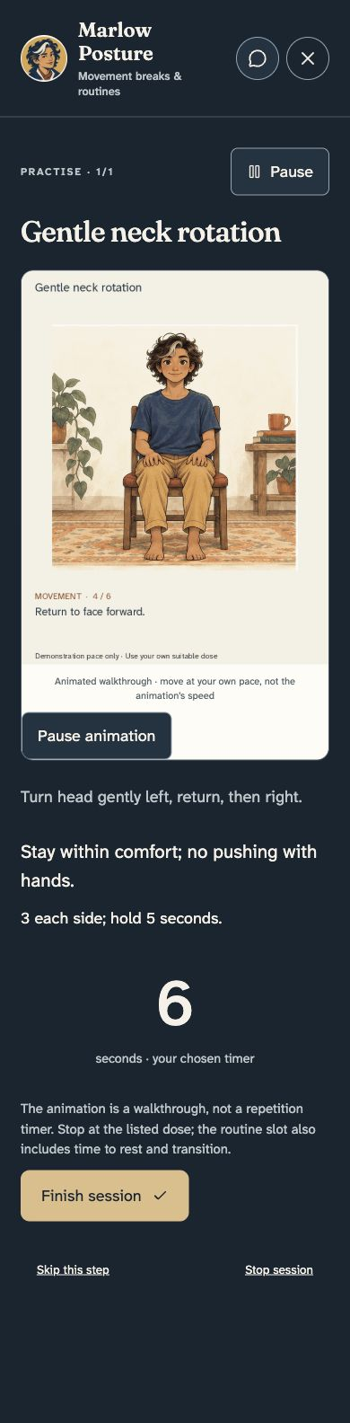 Practice screen with an illustrated walkthrough, an optional timer and visible pause, finish, skip and stop controls.