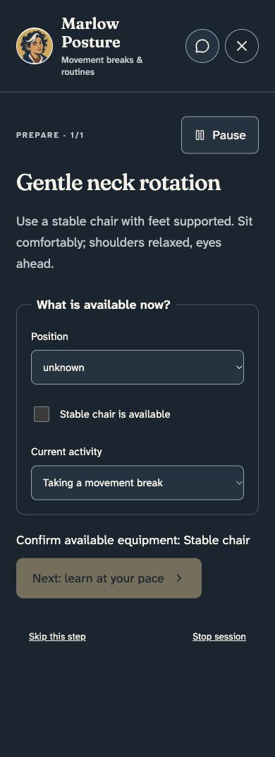 Preparation screen for Gentle neck rotation, with position and stable-chair confirmation and a Next action.
