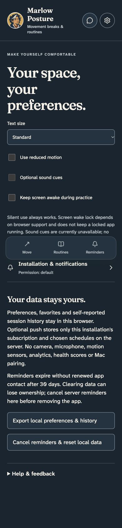 Marlow Posture settings with text size, reduced motion, optional unavailable sound, screen-awake and local data controls.