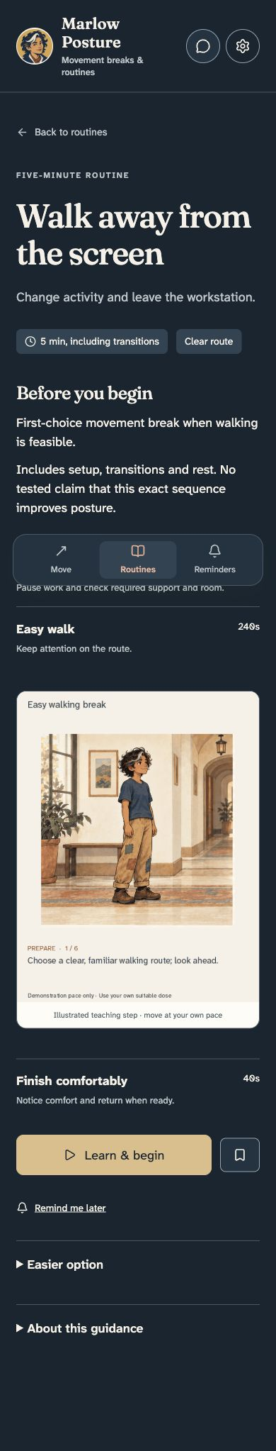 Walk away from the screen routine detail with preparation, walking illustration, finish information and Learn and begin.