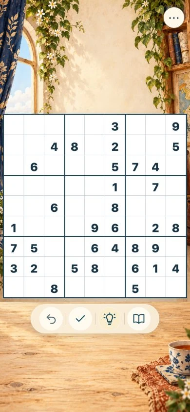 Classic Sudoku board with given digits and Undo, Check, Hint and Library controls.