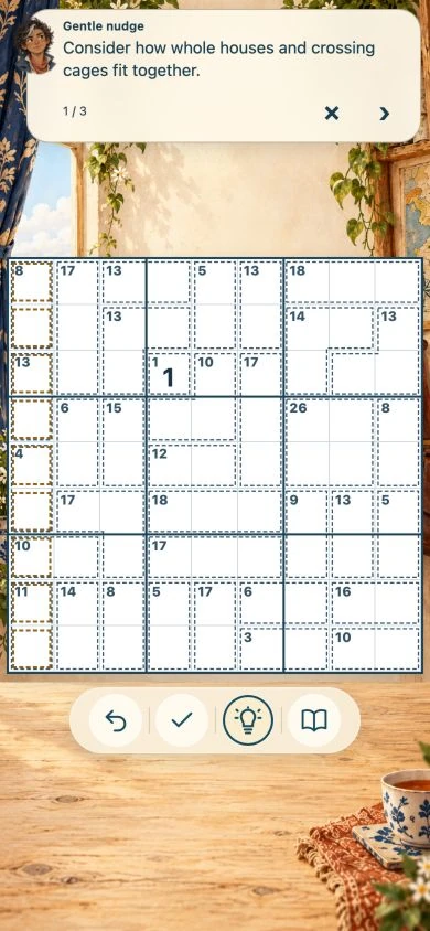 A Gentle nudge hint panel over the current Killer Sudoku board, with an option to ask for the next hint stage.