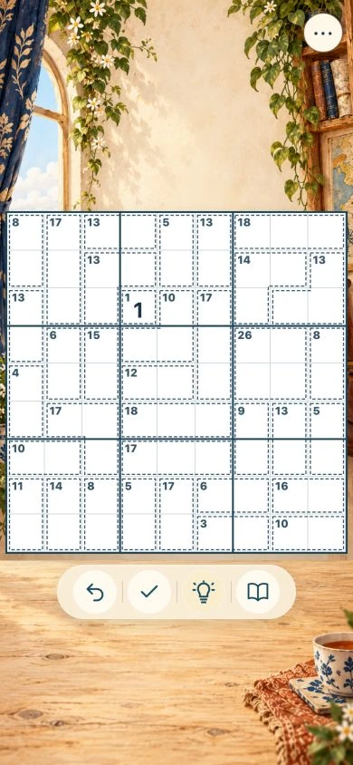 Killer Sudoku board with numbered cages, an entered 1 and Undo, Check, Hint and Library controls.