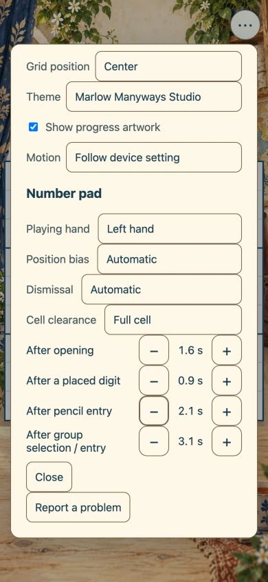 The Sudoku settings panel with Playing hand set to Left hand.