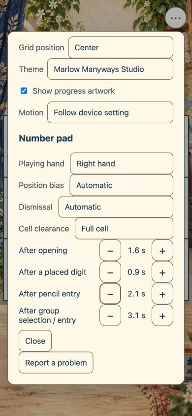 The Sudoku settings panel with Playing hand set to Right hand.