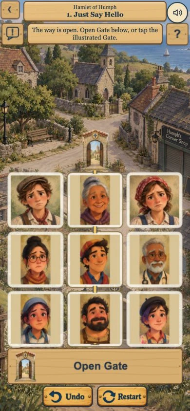 The same village after a Wave changes the top central villager from neutral to smiling, connecting the bottom row to the open Gate.