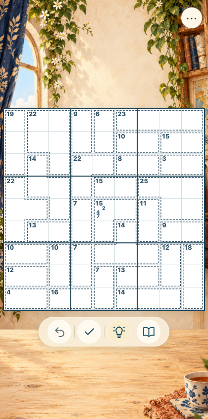 Actual Sudoku playing screen with a full-width puzzle grid and four controls over the Marlow Manyways Studio artwork.